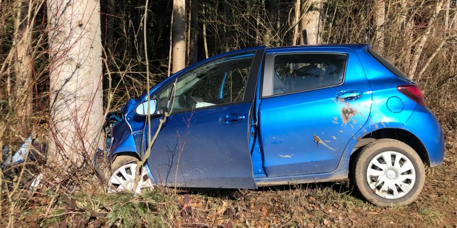blaues Auto ist gegen einen Baum gefahren