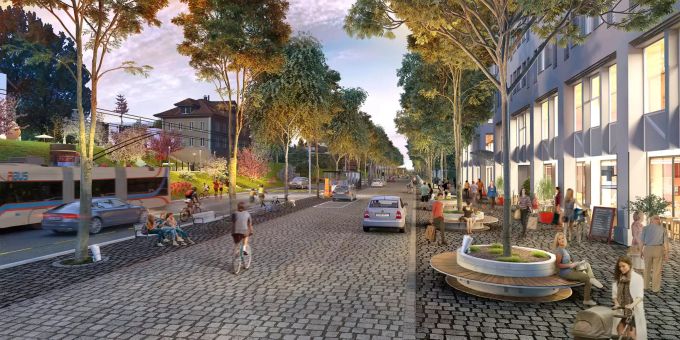 Der Ebikoner Gemeinderat prüft zusammen mit dem Kanton Luzern unterschiedliche Möglichkeiten für die Kantonsstrassensanierung. Die Visualisierung aus dem Masterplan Ebikon ist eine Option, wenn die verkehrlichen Kapazitäten gewährleistet sind.