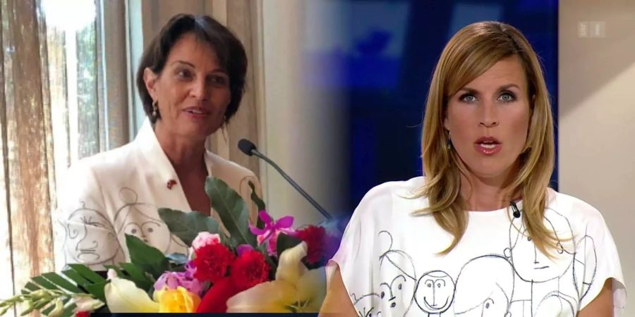 Wer hat's erfunden? Links Doris Leuthard am 9. August in China, rechts Cornelia Boesch am 15. August in der Tagesschau. Auf dem Ärmel gut zu erkennen: Ein Papa-Moll-Doppelgänger.