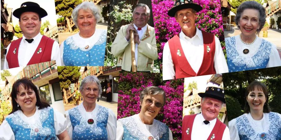 Wahre Patrioten: Sigi, Vreni, Ernie, Franz, Rosmarie, Nancy, Agnes, Hiltrud, Ruedi und Heidi (natürlich) von den Swiss Harmonie Singers aus Whittier in Kalifornien.