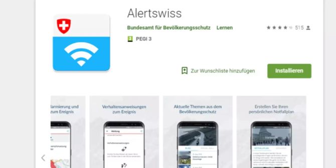 Die Ansicht der «Alertswiss» App im Google Play Store