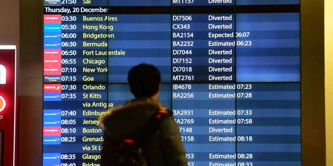 Die Ankunftstafel am Flughafen Gatwick zeigt verspätete und umgeleitete Füge an. Die Ankunftstafel am Flughafen Gatwick zeigt verspätete und umgeleitet