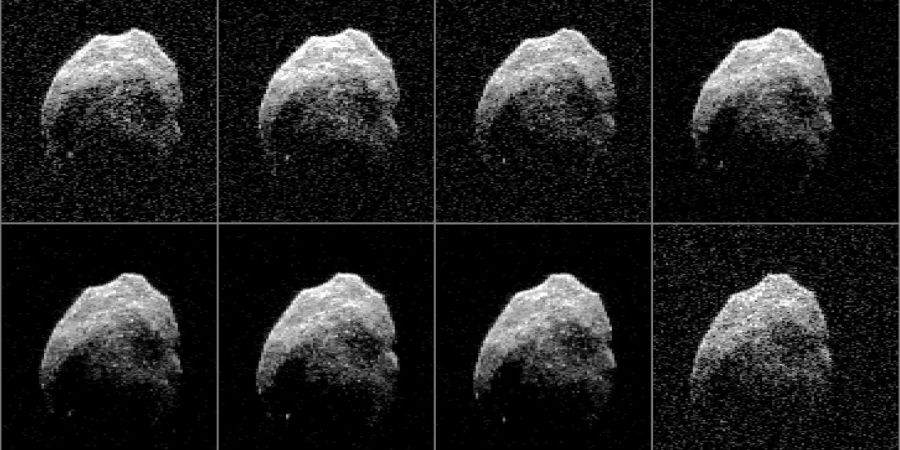 Die Bildkombo zeigt den Asteroid 2015 TB145, der in acht einzelnen Radarbildern dargestellt wird. Die Bilder wurden am 31. Oktober 2015 zwischen 5:55 Uhr PDT (8:55 Uhr EDT) und 6:08 Uhr PDT (9:08 Uhr EDT) gesammelt. Zum Zeitpunkt der Aufnahme der Radarbilder war der Asteroid zwischen 710.000 Kilometern und 690.000 Kilometern entfernt.