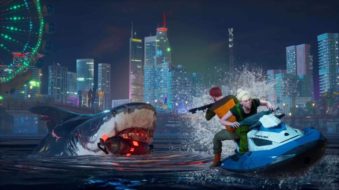 Ein Haifisch in Maneater mit Propangasank im Mund verfolgt zwei Menschen auf einem Jet-Ski. Maneater test Haifisch Propangastank