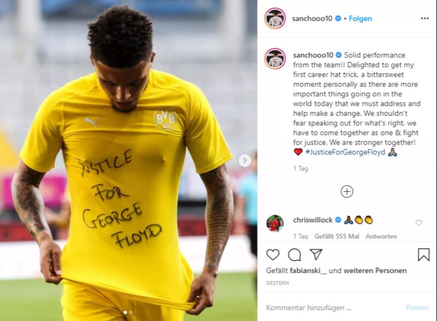 Jadon Sancho (Borussia Dortmund) postet ein Foto seiner Botschaft auf Instagram.