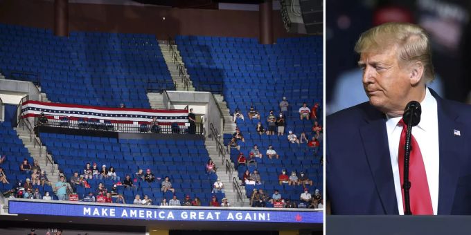 Beim letzten Wahlkampf-Auftritt von US-Präsident Donald Trump blieben viele Sitze leer. Nun gibt sein Team zu, dass «Trickster» am Werk waren. Donald Trump