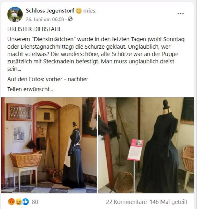 Facebook-Beitrag: Dreister Diebstahl im Schloss Jegenstorf. Schloss Jegenstorf