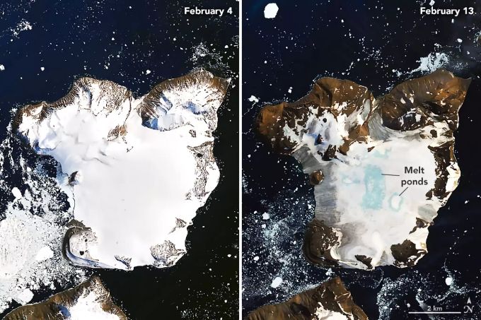 Bilder der Nasa zeigen: Die Eisschicht auf Eagle Island ist in nicht einmal einer Woche merklich zurückgegangen. Nasa Antarktis