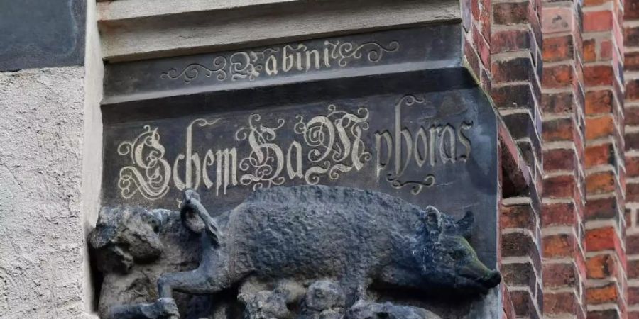 Die als «Judensau» bezeichnete mittelalterliche Schmähskulptur an der Stadtkirche Sankt Marien in Wittenberg. Foto: Hendrik Schmidt/dpa-Zentralbild/dpa