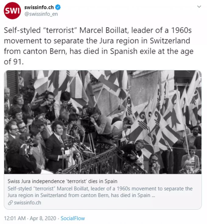 Der selbsternannte Terrorist Marcel Boillat stirbt 90-jährig in im Exil in Spanien. Auf dem Bild wurde offiziell die Unabhängigkeit des Kantons Jura im Jahr 1978 gefeiert. marcel boillat