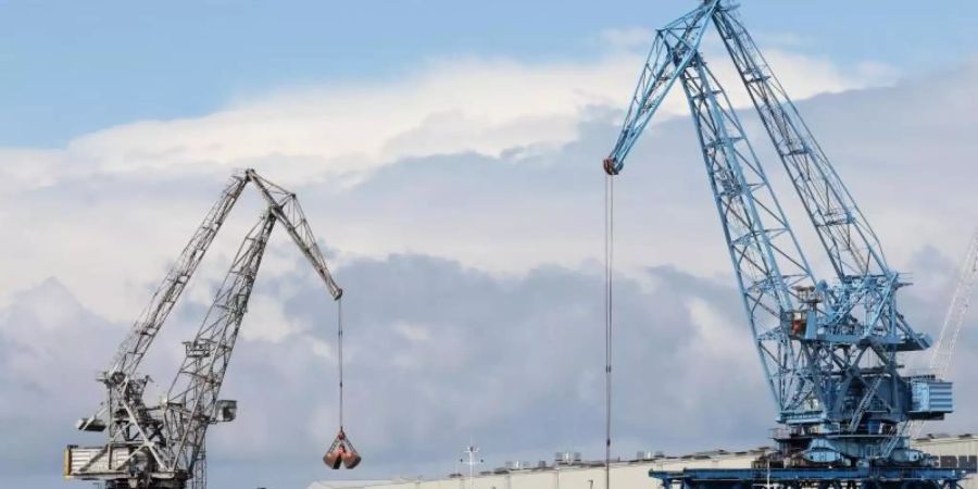 Im Seehafen an der Ostsee wird ein Schiff mit Kränen abgefertigt. Foto: Bernd Wüstneck/dpa-Zentralbild/dpa