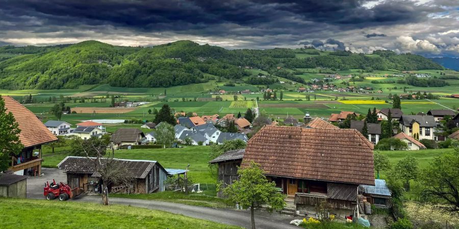 Landschaft im Gürbetal zwischen Belp und Thurnen bei Kaufdorf. Hinten der Belpberg.