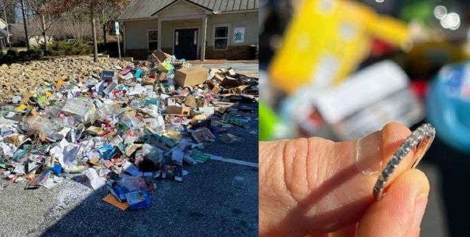 Der Haufen Kehricht, durch den sich die Mitarbeiter der Stadt Greenville wühlten, um Melanie Harpers verlorenen Ehering (rechts) zu finden. Müll Kehrricht Ehering verloren