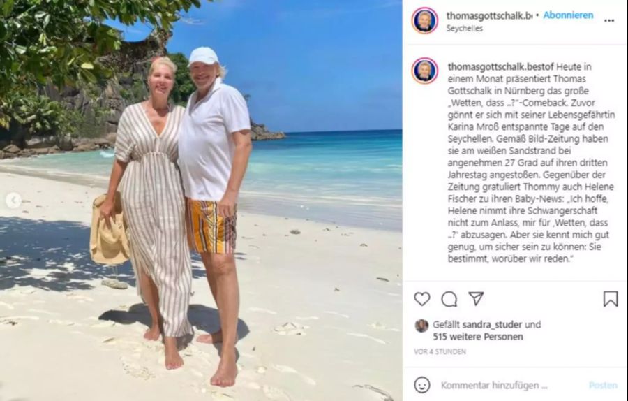 Thomas Gottschalk und seine Karina sind auf den Seychellen.