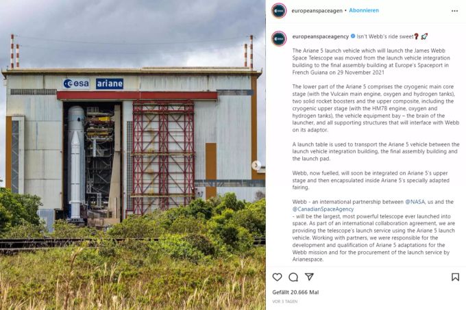 Die Ariane 5 Rakete, die das James-Webb-Weltraumteleskop ins All bringen soll. James-Webb-Weltraumteleskop