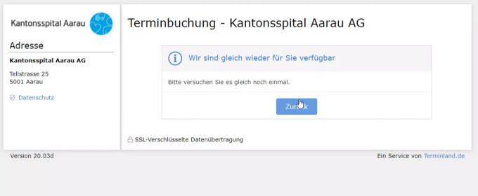 Will man auf der Seite des Kantonsspitals Aarau einen Impftermin buchen, wird einem diese Meldung angezeigt. Kantonsspital Aarau
