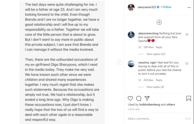 Alexander Zverev bezieht auf Instagram zu den Vorwürfen Stellung. Alexander Zverev