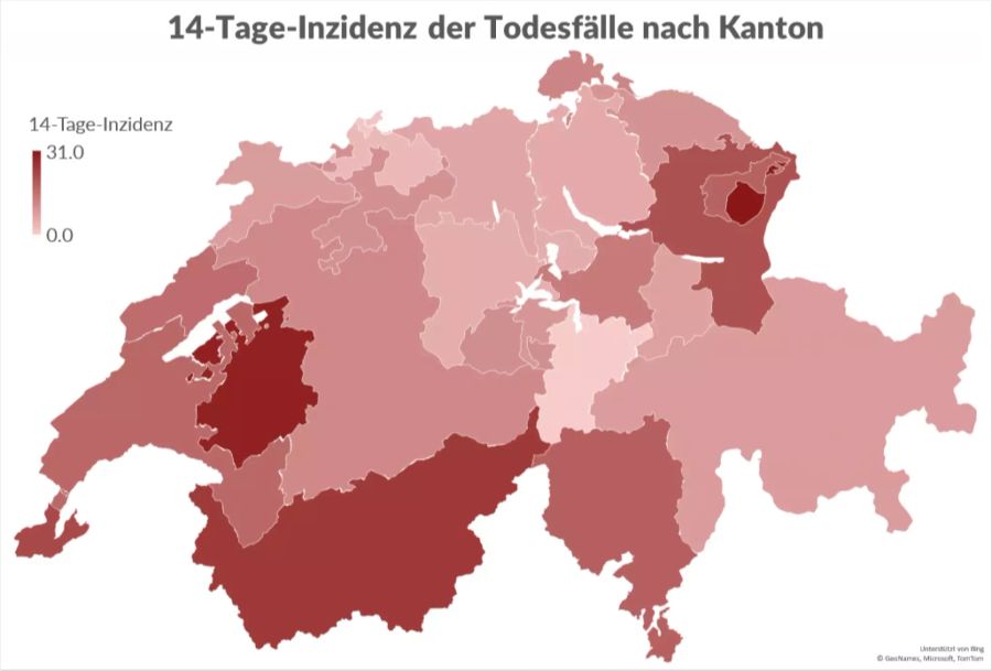 Die 14-Tage-Inzidenz der Todesfälle nach Kanton: Angegeben ist die Zahl der Todesfälle pro 100'000 Einwohner im Zeitraum vom 3. bis 16. November.