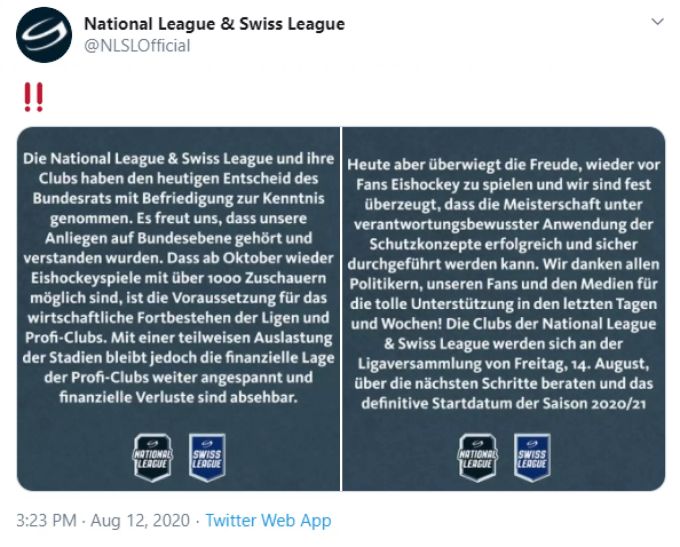 Die Stellungnahme der National League und Swiss League. national League