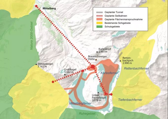 Der Linke Fernerkogel steht den beiden Skigebieten im Weg. Pitztal