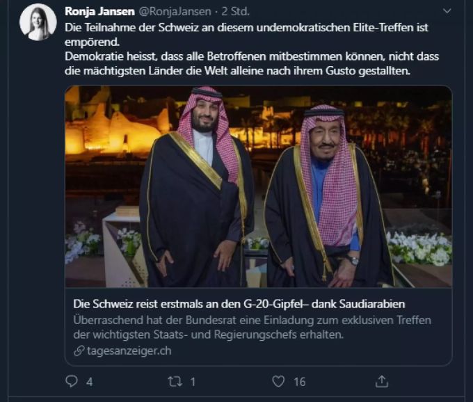 Juso-Chefin Ronja Jansen verurteilt die Teilnahme der Schweiz am G20-Gipfel dank der Einladung von Saudiarabien. juso jansen