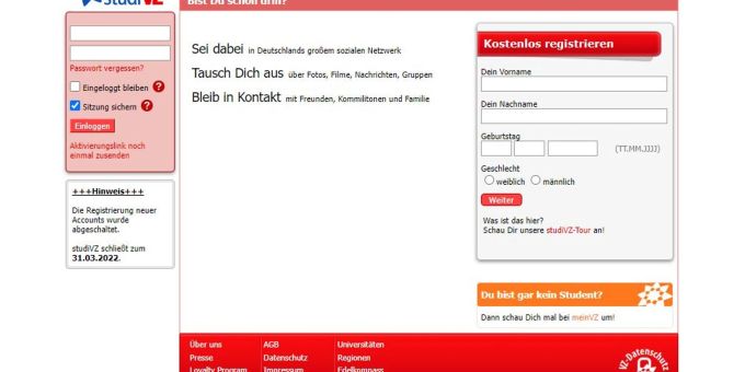 Mach's gut «studiVZ»: Die in die Jahre gekommene Seite soll Ende März vom Netz gehen. Mach's gut «studiVZ»: Die in die Jahre gekommene Seite soll Ende März vom Netz gehen.