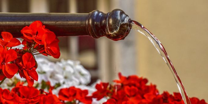 Brunnen werden mit Blumen geschmückt. Dorfbrunnen Blumen Wasserstrahl