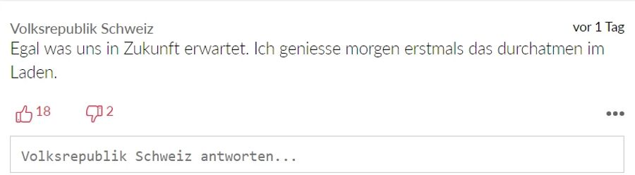 «Volksrepublik Schweiz» freut sich darauf, wieder richtig atmen zu können.