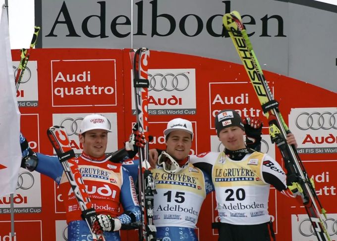 Marc Berthod gewinnt den Adelboden-Riesen 2008 vor Teamkollege Daniel Albrecht. ski alpin adelboden riesenslalom