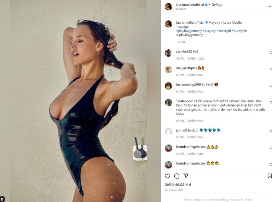 Laura für «Playboy» unter der Dusche.