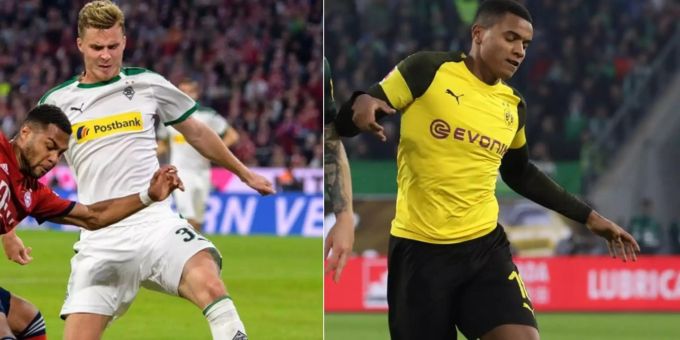 Nico Elvedi und Manuel Akanji im Einsatz für Borussia Mönchengladbach bzw. Borussia Dortmund. Nico Elvedi und Manuel Akanji im Einsatz für Borussia Mönchengladbach bzw. Borussia Dortmund.
