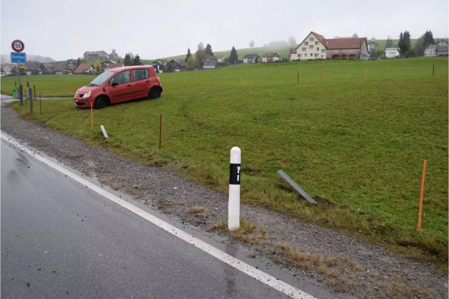 Verunfalltes rotes Auto auf einem Feld neben der Strasse - zvg Kantonspolizei Appenzell Ausserrhoden