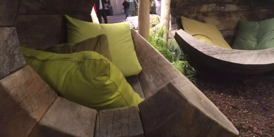 Neben Pflanzen sind auch Gartenmöbel zu sehen.