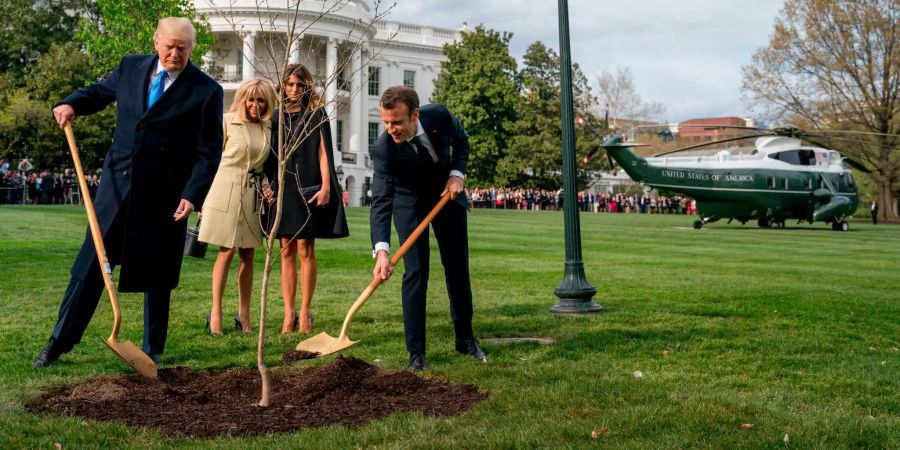 Hier pflanzen Obama und Macron den Baum gemeinsam.