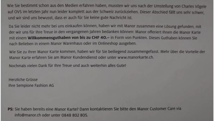 Mit diesem Schreiben will Manor OVS-Kunden abholen. Mit diesem Schreiben will Manor OVS-Kunden abholen.