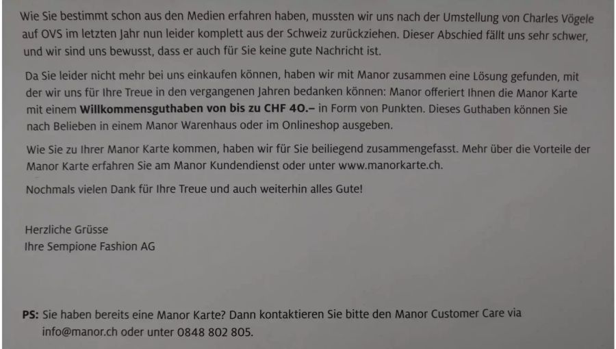 Mit diesem Schreiben will Manor OVS-Kunden abholen.