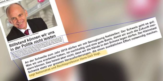 Der Artikel von Ueli Maurer in der SVP-Parteizeitung wurde zunächst Nationalrat Hans-Ueli Vogt zugeschrieben (mittlerweile korrigiert). Artikel von Ueli Maurer in der SVP-Parteizeitung.