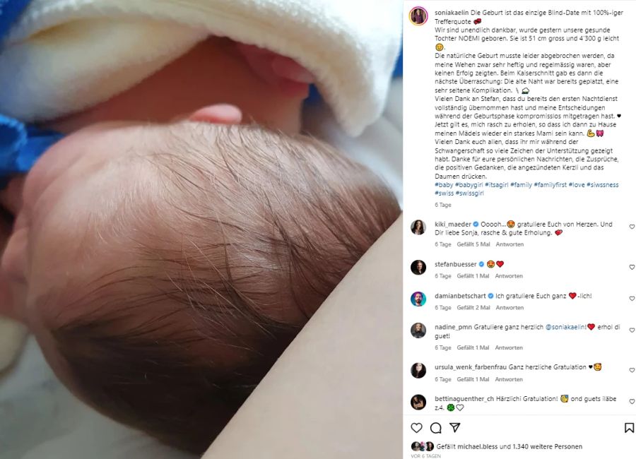 Babyglück bei Sonia Kälin! Das frischgeborene Meitli heisst Noemi.