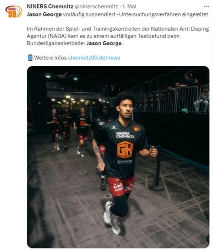 Auf Twitter teilten die Niners Chemnitz die Suspendierung von Jason George mit. jason george