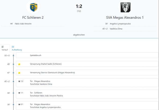 Das Spiel zwischen Schlieren und Megas Alexandros wurde abgebrochen. Schlieren