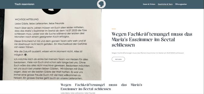 Auf der Homepage informiert «Maria's Esszimmer» in Beinwil am See AG über die geplante Schliessung in drei Wochen. Beinwil am See AG