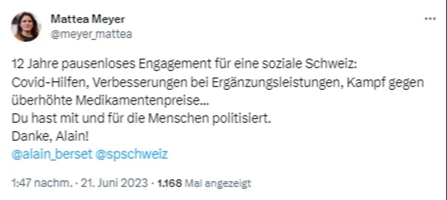 SP-Co-Präsidentin Mattea Meyer schreibt, Berset habe «mit und für die Menschen politisiert».