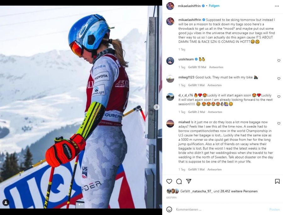 Gemäss ihrem Instagram-Post hat das Gepäck-Dilemma Mikaela Shiffrin einen Trainings-Tag gekostet.