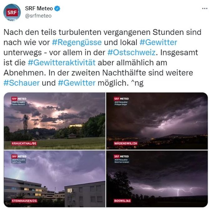 «SRF Meteo» zeigt einige Bilder vom Gewitter vom Sonntagabend. Gewitter