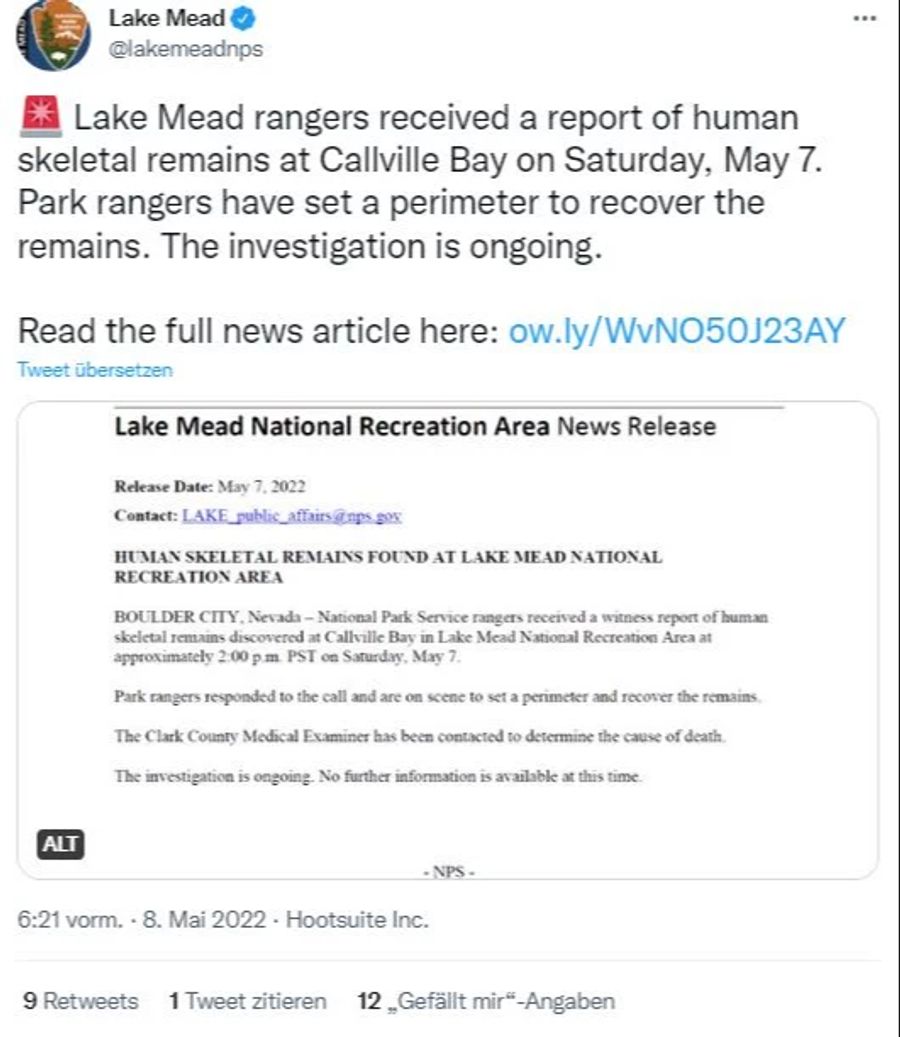 Auf Twitter informiert der National Park Service des Lake Mead über die gefundenen menschlichen Überreste im Stausee.