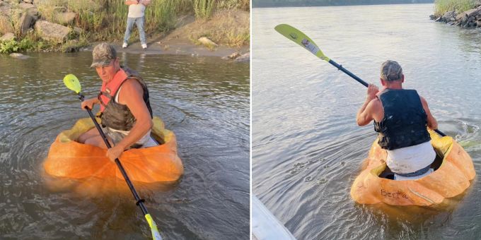 Ein Mann nahm seinen 60. Geburtstag zum Anlass, einen Fluss in einem Kürbis zu durchqueren. Mann in Kürbis
