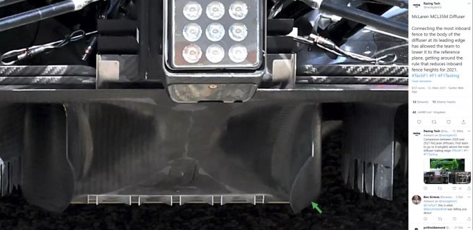 Eine Detailaufnahme von @racingtech5 zeigt die verlängerten Strakes am Diffusor des McLaren MCL35M. McLaren MCL35M Diffusor