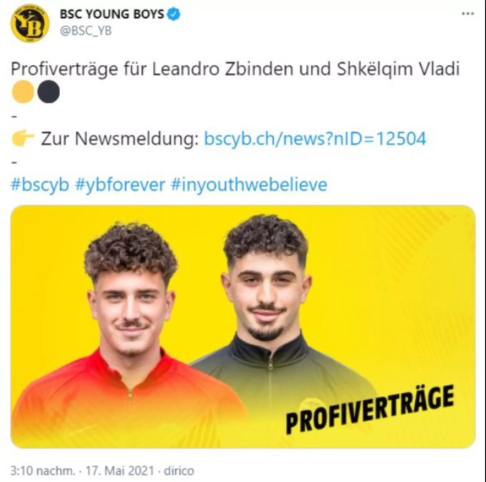 YB kommuniziert die Verträge für Leandro Zbinden und Shkëlqim Vladi. YB