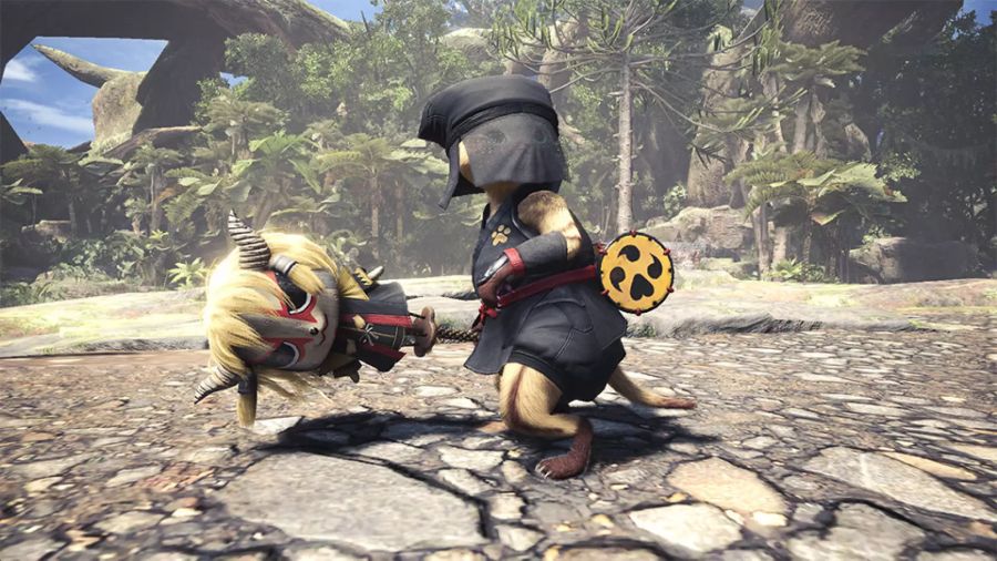 Die Palico-Version des neuen Rajang-Rüstungssets von Monster Hunter World: Iceborne.