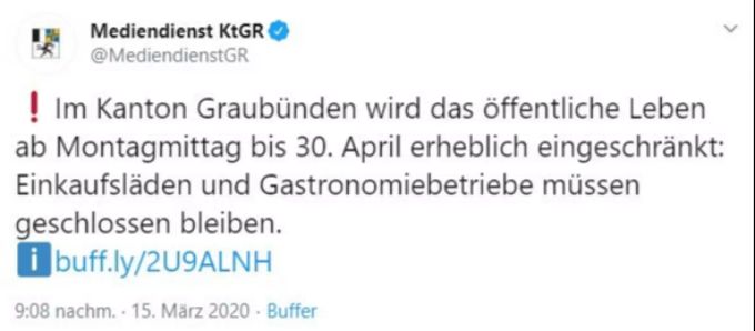 Der Kanton Graubünden war am Sonntag einer der fünf Kantone, die den Notstand ausriefen. Coronavirus Notstand Kantone